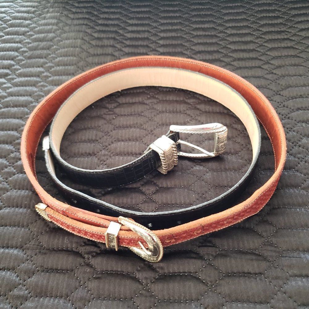 TWO Western Style Ladies Leather Belts SIZE 30 Med: Black-Brighton/Brown-Vogt